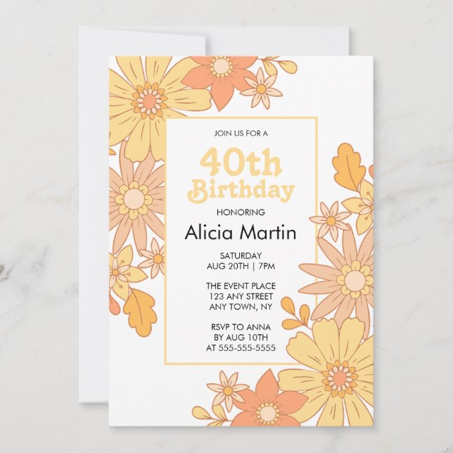 Retro Orange Peach Flora Groovy 40th Birthday Invitation (Front)