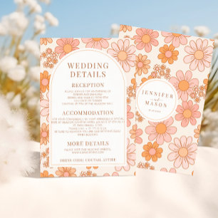 Retro Orange Pink Daisy Wedding Details Cards