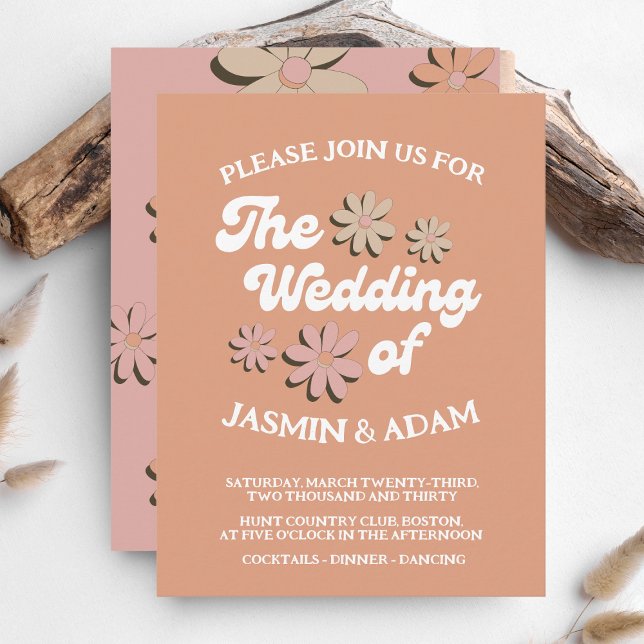 Retro Orange Pink Groovy Floral Wedding Invitation (Creator Uploaded)