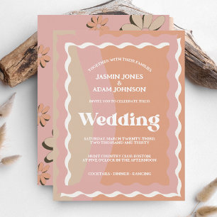 Retro Orange Pink Groovy Wavy Lines Wedding Invite