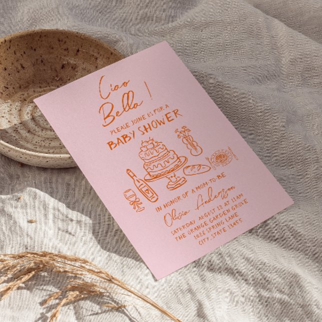 Retro Orange Pink Hand Drawn Italian Baby Shower Invitation (Creator Uploaded)