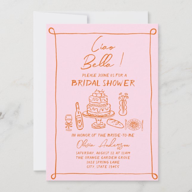 Retro Orange Pink Hand Drawn Italian Bridal Shower Invitation (Front)