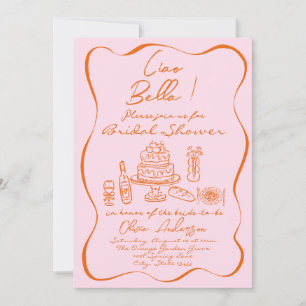 Retro Orange Pink Hand Drawn Italian Bridal Shower Invitation