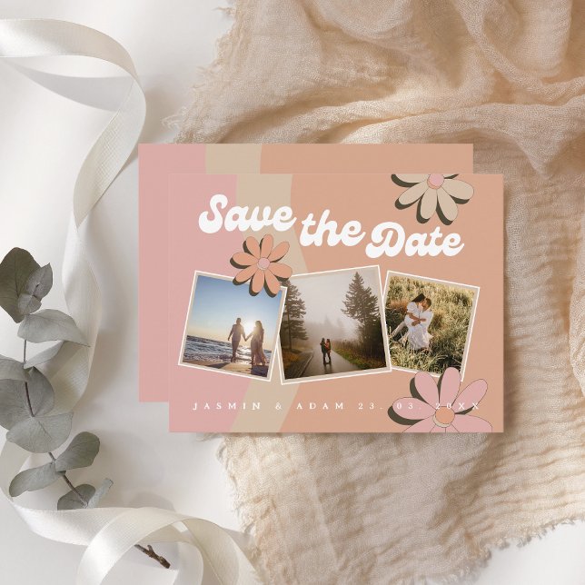 Retro Orange Pink Photo Wedding Save the Date Announcement (Creator Uploaded)