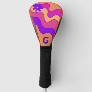 Retro Orange Pink & Purple Waves Monogram Golf Head Cover