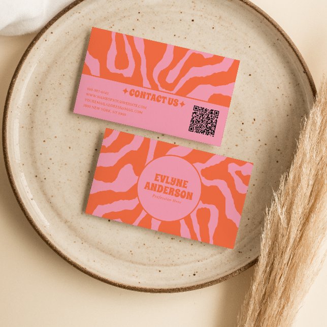 Retro Orange Pink QR Code 70s Boho Groovy Trendy Business Card (Creator Uploaded)