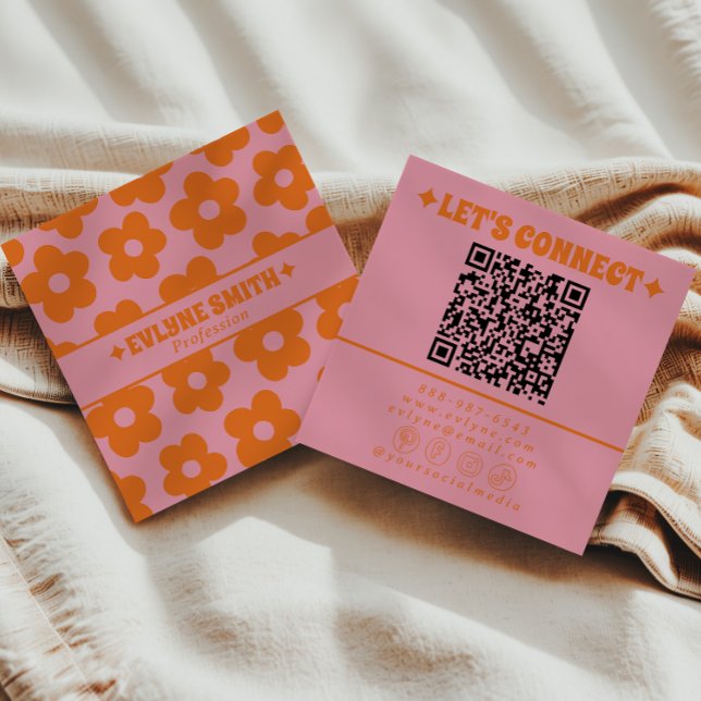 Retro Orange Pink QR Code Groovy Floral Trendy Fun Square Business Card (Creator Uploaded)