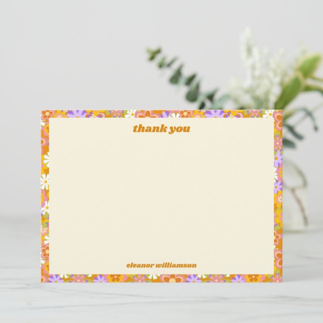 Retro Orange Purple Floral Custom Bridal Shower Thank You Card (Standing Front)
