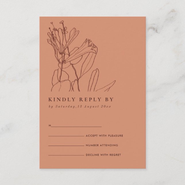 RETRO ORANGE RUST LINE DRAWING FLORAL WEDDING RSVP ENCLOSURE CARD (Front)
