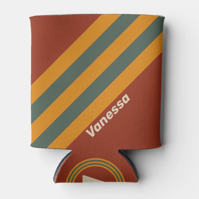 Retro Orange Rust Stripes with Name Can Cooler (Front)