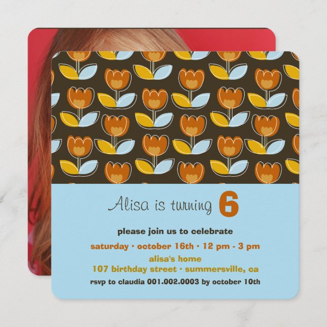 Retro Orange Tulips Fun Photo Girl Birthday Party Invitation (Front/Back)