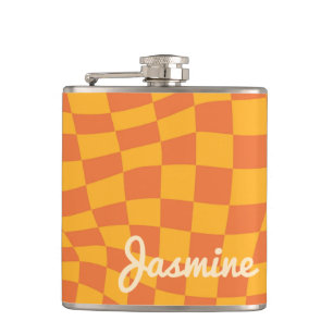 Retro Orange Warped Chequered Board Custom Name Hip Flask