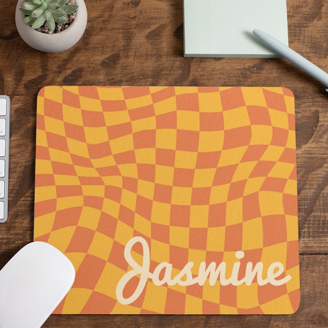 Retro Orange Warped Chequered Board Custom Name Mouse Mat (Creator Uploaded)