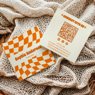Retro Orange Wavy Chequerboard with QR Code Square Business Card