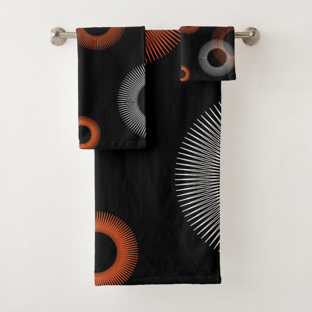 Retro Orange White Black Starburst Pattern Bath Towel Set (Insitu)
