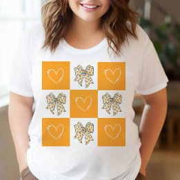 Retro Orange Yellow Coquette Bow Heart Chequered T-Shirt