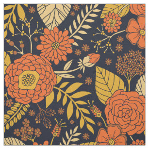 Retro Orange, Yellow & Navy Floral  Fabric