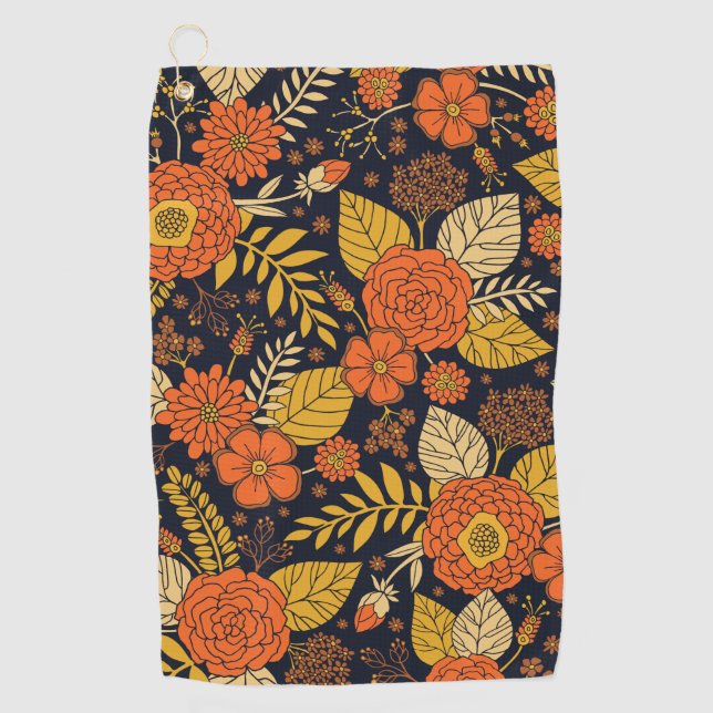 Retro Orange, Yellow & Navy Floral  Golf Towel (Front)