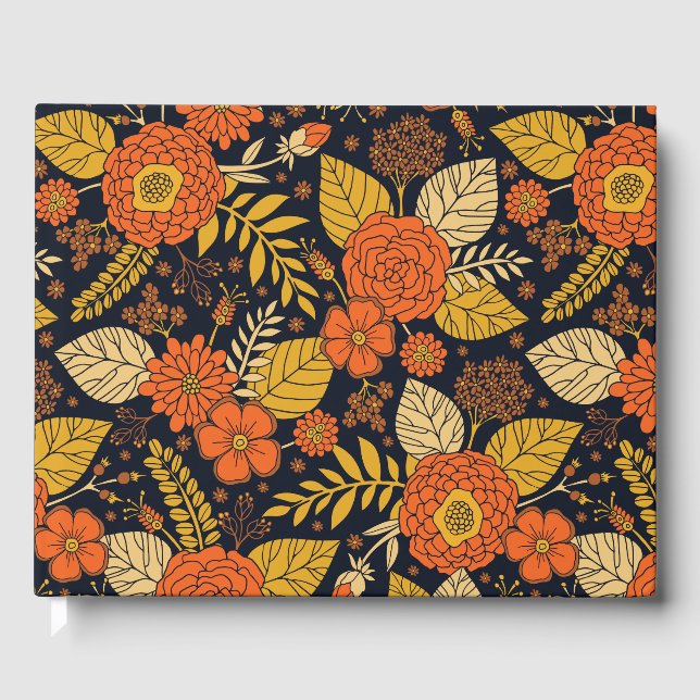 Retro Orange, Yellow & Navy Floral  Guest Book (Front)