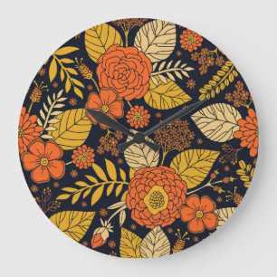 Retro Orange, Yellow & Navy Floral Large Clock