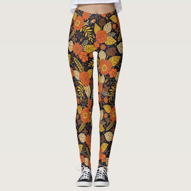 Retro Orange, Yellow & Navy Floral  Leggings (Front)
