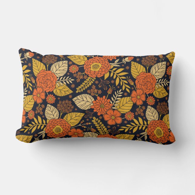 Retro Orange, Yellow & Navy Floral  Lumbar Cushion (Front)