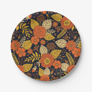 Retro Orange, Yellow & Navy Floral  Paper Plate