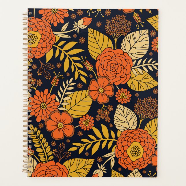 Retro Orange, Yellow & Navy Floral  Planner (Front)