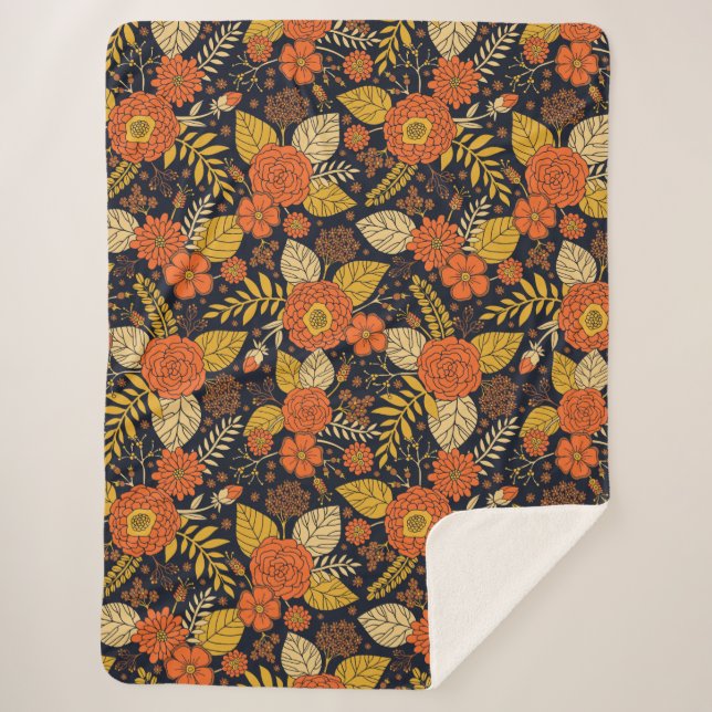 Retro Orange, Yellow & Navy Floral  Sherpa Blanket (Front)