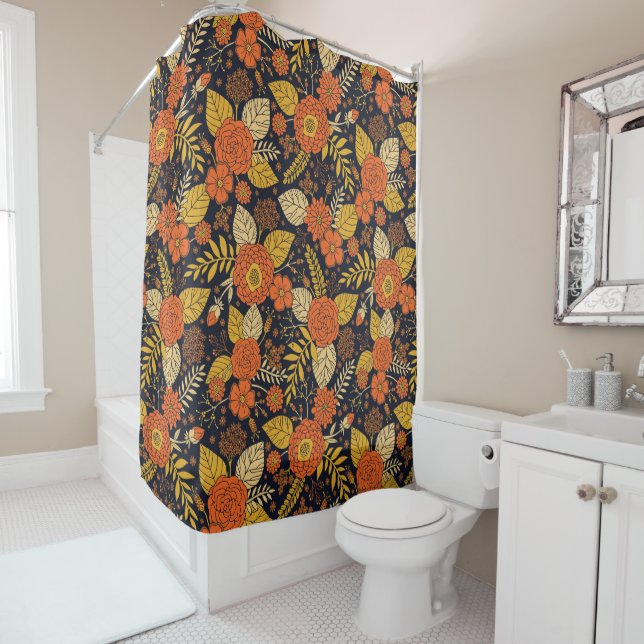 Retro Orange, Yellow & Navy Floral  Shower Curtain (In Situ)