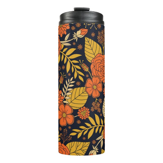Retro Orange, Yellow & Navy Floral  Thermal Tumbler (Front)