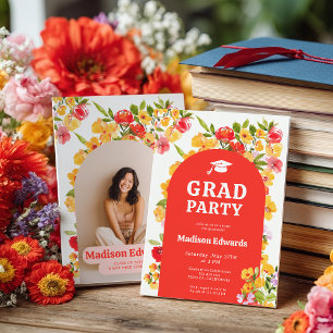 Retro Orange Yellow Wildflower Photo Graduation Invitation