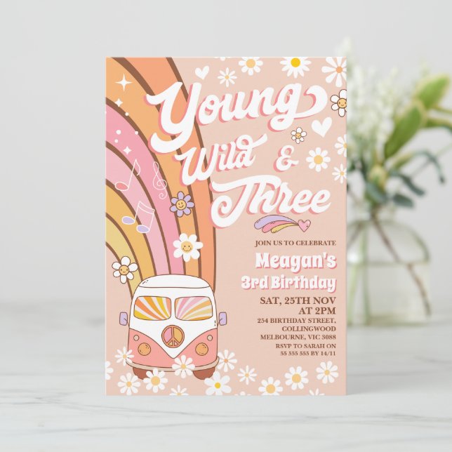 Retro Orange Young Wild and Three 3rd Birthday Invitation (Standing Front)