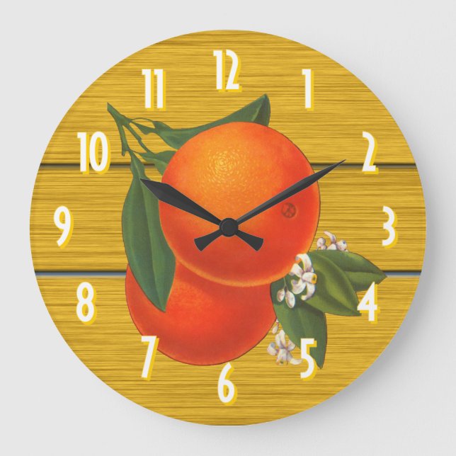 Retro Oranges on Rustic Wood with Numbers Crate Large Clock (Front)