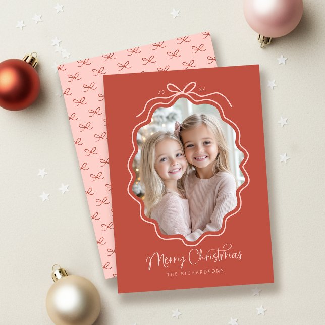 Retro Orangish Red and Pink Wavy Photo Holiday Card (Front and Back on a 5" x 7" card)