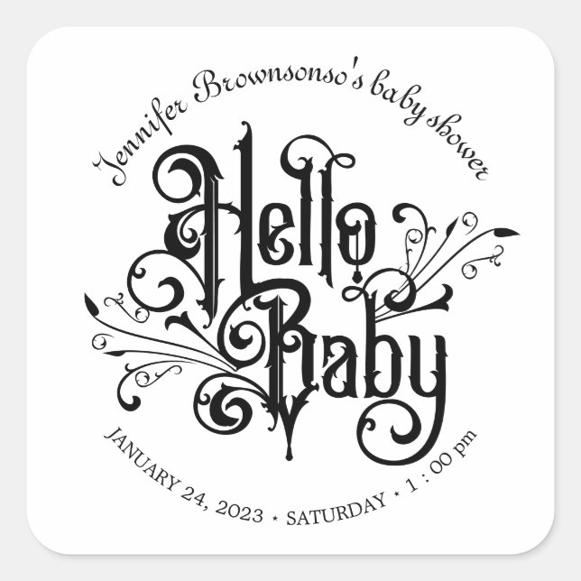 Retro Ornament Black Horror Gothic hello baby Square Sticker (Front)