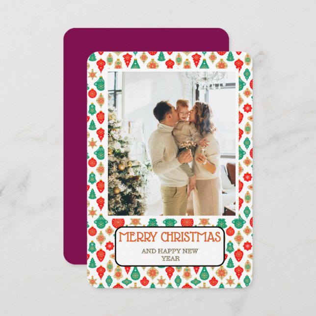 Retro Ornament Pattern Merry Christmas Photo Card (Front/Back)