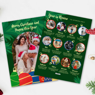 Retro ornaments arched Year in review family photo Holiday Card