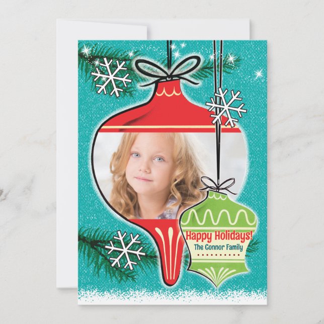 Retro Ornaments Christmas Photo Cards (Front)