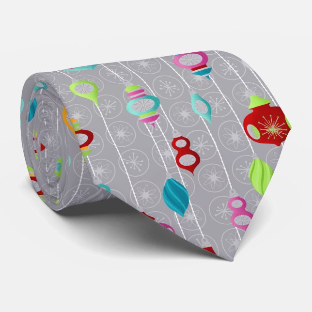 Retro Ornaments Grey Christmas Tie (Rolled)