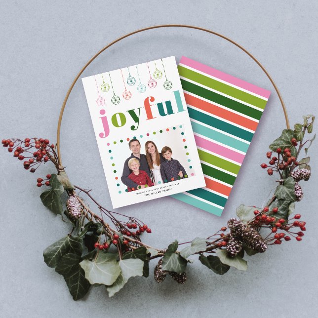 Retro ornaments Joyful typography, Christmas photo Holiday Card (Creator Uploaded)
