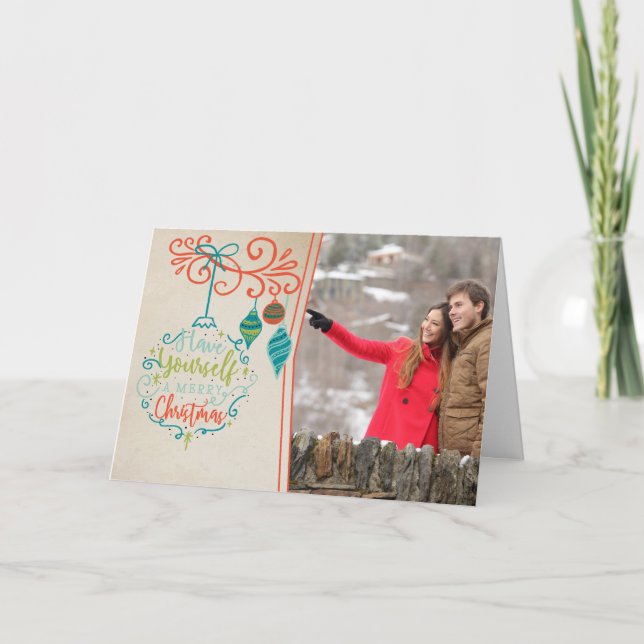 Retro Ornaments & Merry Christmas Bauble - Photo Holiday Card (Front)