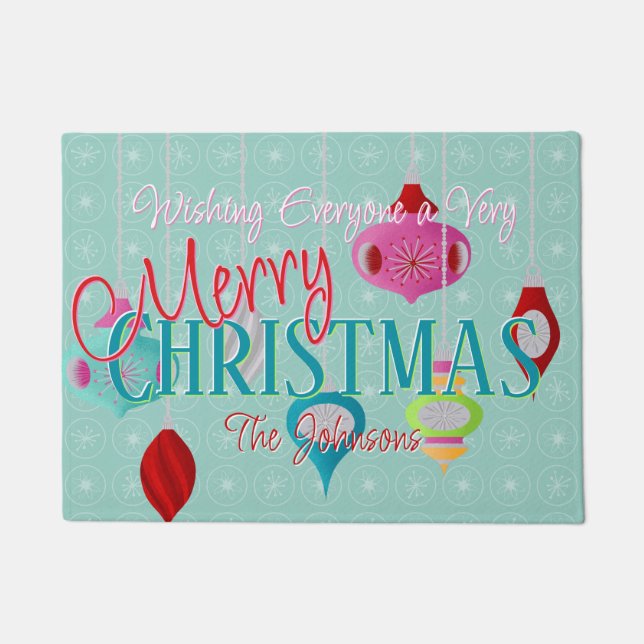 Retro Ornaments Teal Christmas Doormat (Front)