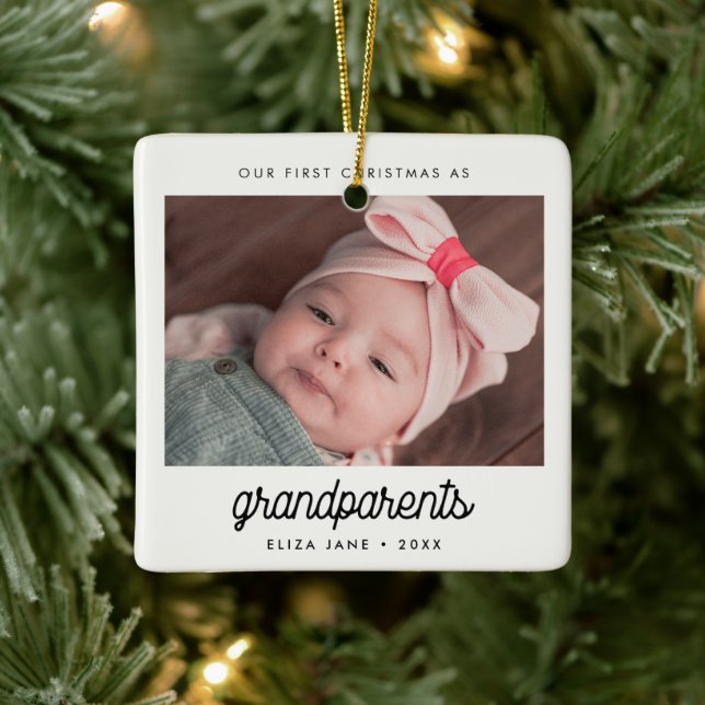Retro Our First Christmas as grandparents Photo Ceramic Ornament (Tree)