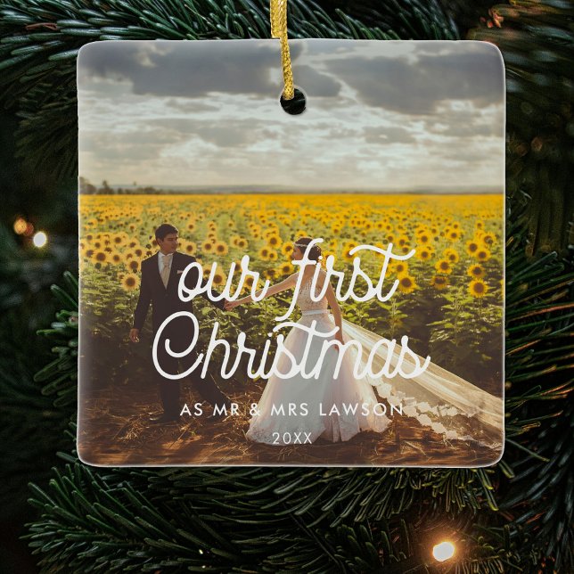 Retro Our First Christmas Couple Photo Ceramic Ornament (Creator Uploaded)