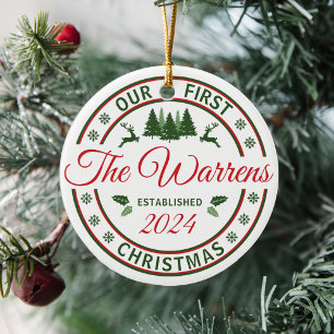 Retro Our First Christmas Weddings Married Name Ceramic Tree Decoration