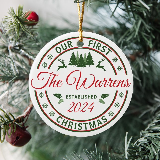 Retro Our First Christmas Weddings Married Name Ceramic Tree Decoration (Personalized married last name Our First Christmas as Mr & Mrs red and green retro holiday ornament)