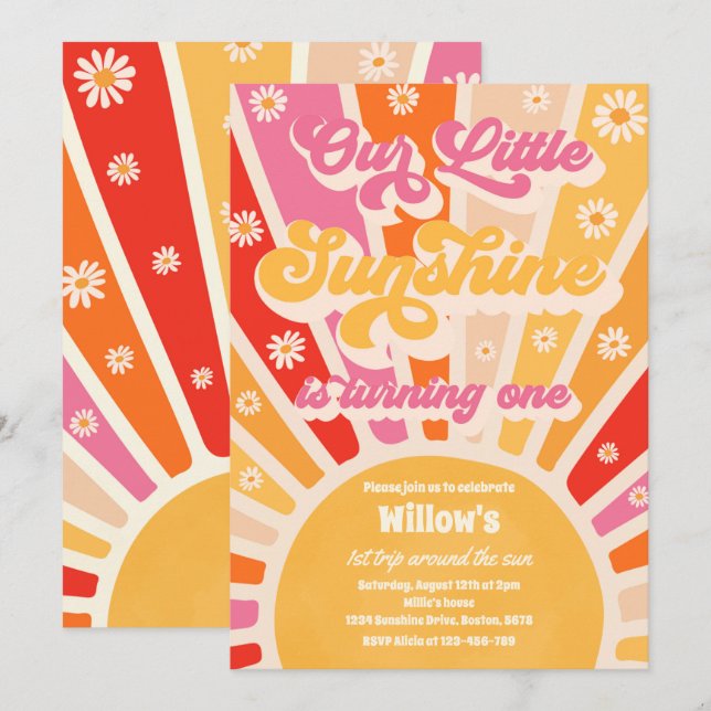 Retro Our Little Sunshine 1st Birthday Party Invitation (Front/Back)
