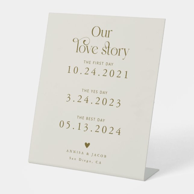 Retro Our Love Story Beige Wedding Timeline Pedestal Sign (Front)