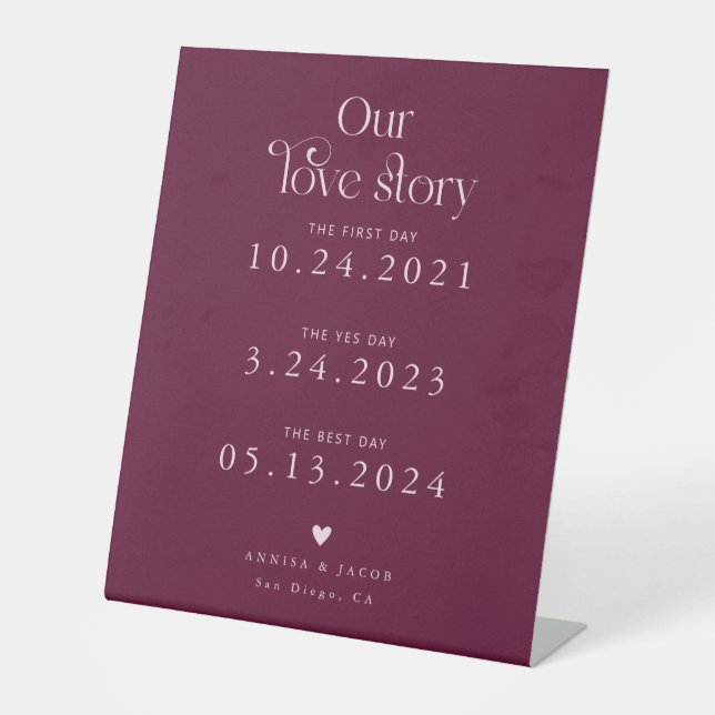Retro Our Love Story Cranberry Wedding Timeline Pedestal Sign (Front)